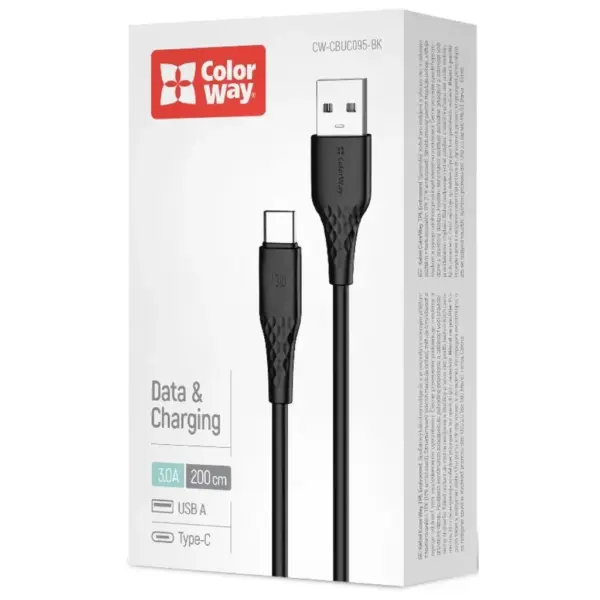 Дата кабель USB 2.0 AM to USB-C 2.0m 3A textured PVC black ColorWay (CW-CBUC095-BK) Дата кабель USB 2.0 AM to USB-C 2.0m 3A textured PVC black ColorWay (CW-CBUC095-BK)