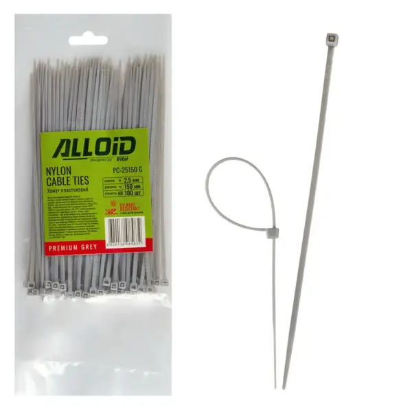 Стяжка Alloid 2.5х150мм, пластик, 100шт./уп., сірий (PC-25150G)