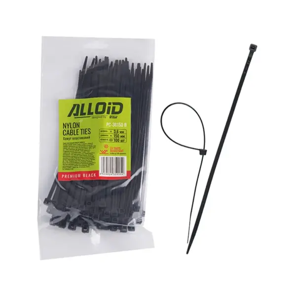 Стяжка Alloid 3.6х150мм, пластик, 100шт./уп., чорний (PC-36150B)