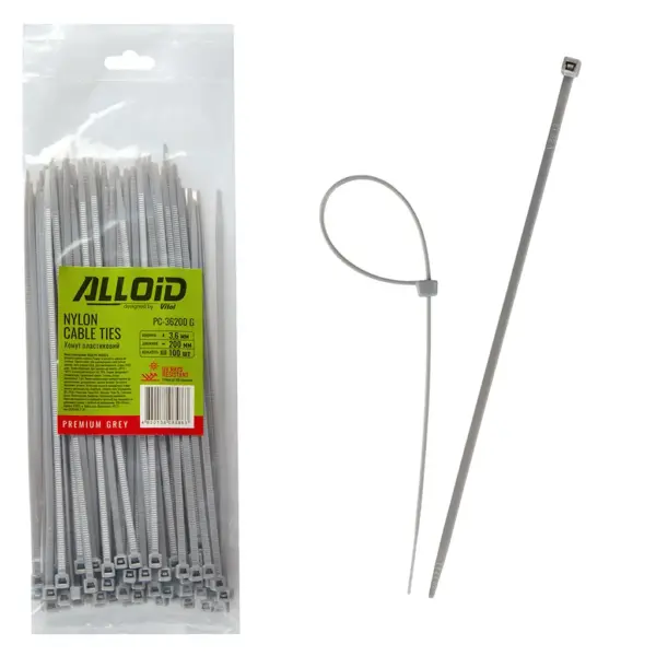 Стяжка Alloid 3.6х200мм, пластик, 100шт./уп., сірий (PC-36200G)