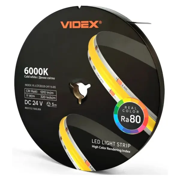 Світлодіодна стрічка Videx COB DC24V 55W 5M 6000K Ra80 IP20 5м (VL-LSTCB320-24116-B5)