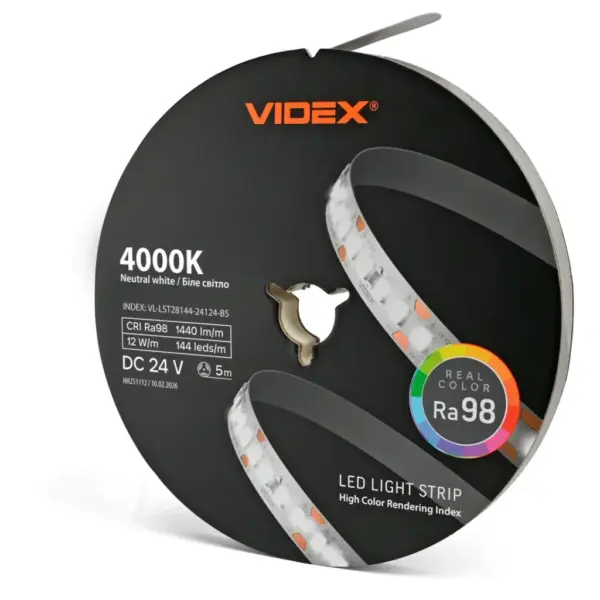 Світлодіодна стрічка Videx DC24V 60W 5M 4000K Ra98 IP20 5м (VL-LST28144-24124-B5)