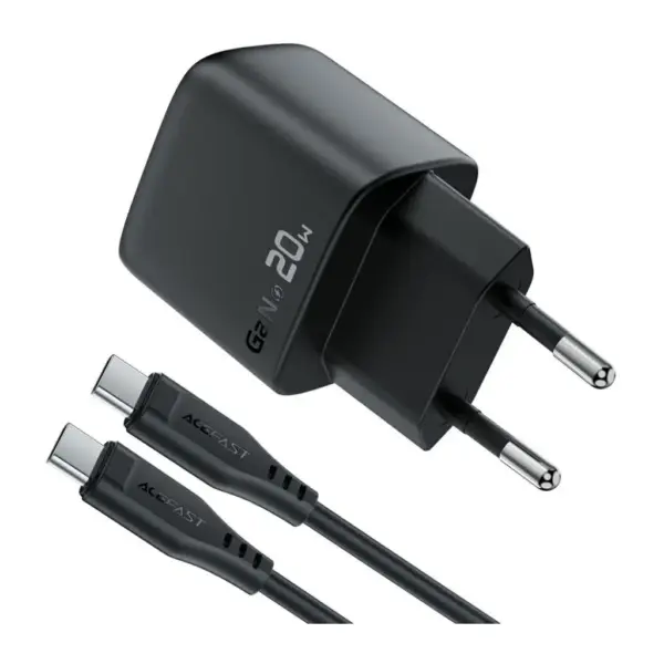 Зарядний пристрій Acefast USB-C 20W GaN + cable USB-C with digital display black (6974316284420)