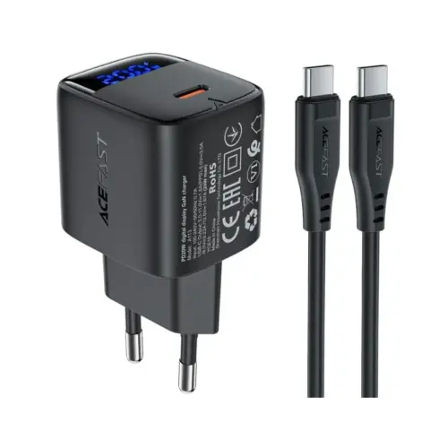 Зарядний пристрій Acefast USB-C 20W GaN + cable USB-C with digital display black (6974316284420)