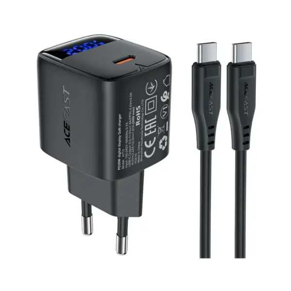 Зарядний пристрій Acefast USB-C 20W GaN + cable USB-C with digital display black (6974316284420)