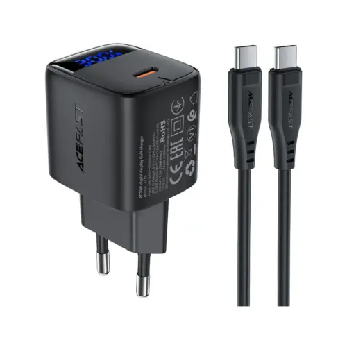 Зарядний пристрій Acefast USB-C 30W GaN + cable USB-C black (6974316284451)