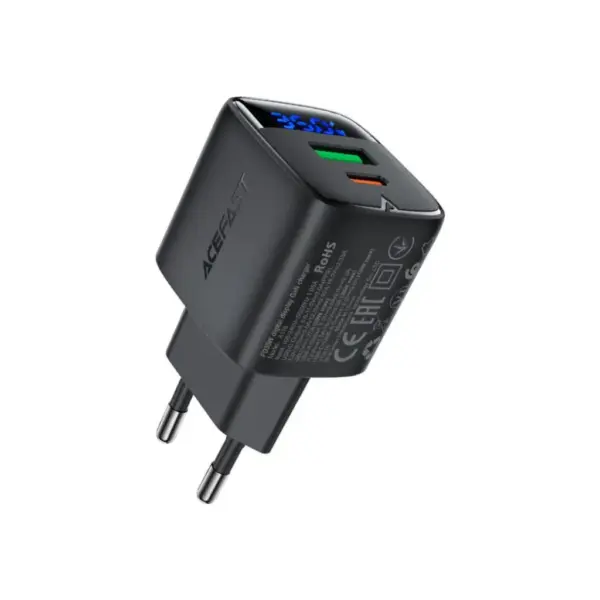 Зарядний пристрій Acefast 1xUSB-C + 1xUSB 35W GaN with digital display black (6974316284468)