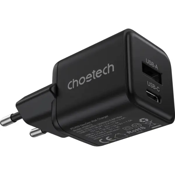 Зарядний пристрій Choetech 1xUSB-C PD30W PPS + 1xUSB QC3.0 (PD5012-EU-BK)